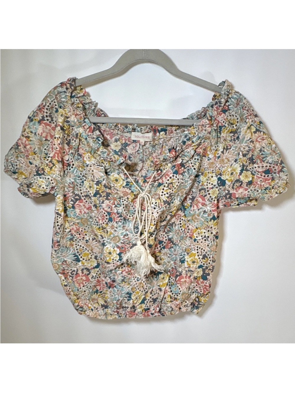 Solitaire Pastel Floral Puff-Sleeve Blouse in Pink, Yellow & Blue